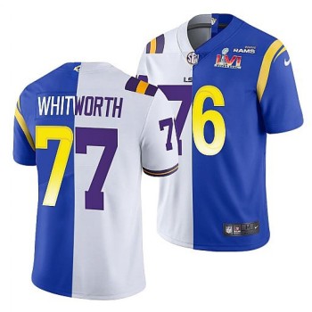 Men's Los Angeles Rams X LSU Tigers #77 Matthew Stafford White/Royal Split Super Bowl LVI Stitched Jersey Men's Los Angeles Rams X LSU Tigers #77 Matthew Stafford White/Royal Split Super Bowl LVI Stitched Jersey