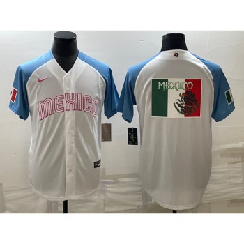 Men's Mexico Baseball 2023 White Blue World Baseball Big Logo Classic Stitched Jersey Men's Mexico Baseball 2023 White Blue World Baseball Big Logo Classic Stitched Jersey