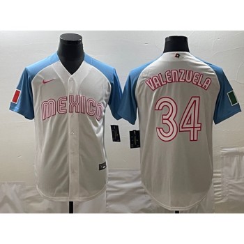 Men's Mexico Baseball #34 Fernando Valenzuela 2023 White Blue World Baseball Classic Stitched Jersey