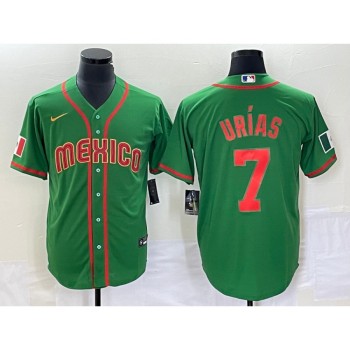 Men's Mexico Baseball #7 Julio Urias 2023 Green World Baseball With Patch Classic Stitched Jersey