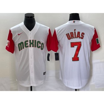 Men's Mexico Baseball #7 Julio Urias 2023 White Red World Baseball With Patch Classic Stitched Jersey