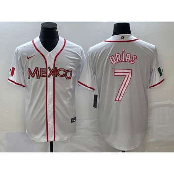 Men's Mexico Baseball #7 Julio Urias 2023 White World Baseball With Patch Classic Stitched Jersey