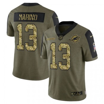 Men's Miami Dolphins #13 Dan Marino 2021 Olive Camo Salute To Service Limited Stitched Jersey Men's Miami Dolphins #13 Dan Marino 2021 Olive Camo Salute To Service Limited Stitched Jersey
