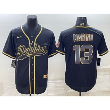 Men's Miami Dolphins #13 Dan Marino Black Gold With Patch Cool Base Stitched Baseball Jersey Men's Miami Dolphins #13 Dan Marino Black Gold With Patch Cool Base Stitched Baseball Jersey