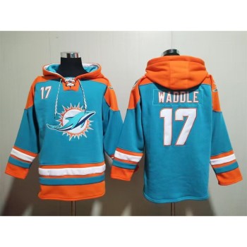 Men's Miami Dolphins #17 Jaylen Waddle Aqua Lace-Up Pullover Hoodie Men's Miami Dolphins #17 Jaylen Waddle Aqua Lace-Up Pullover Hoodie