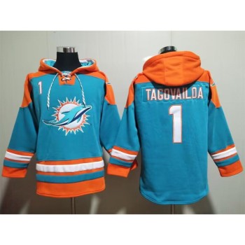 Men's Miami Dolphins #1 Tua Tagovailoa Aqua Lace-Up Pullover Hoodie Men's Miami Dolphins #1 Tua Tagovailoa Aqua Lace-Up Pullover Hoodie