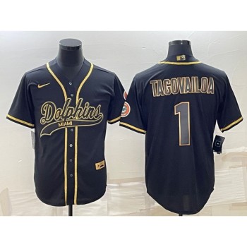 Men's Miami Dolphins #1 Tua Tagovailoa Black Gold With Patch Cool Base Stitched Baseball Jersey Men's Miami Dolphins #1 Tua Tagovailoa Black Gold With Patch Cool Base Stitched Baseball Jersey