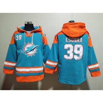 Men's Miami Dolphins #39 Larry Csonka Aqua Lace-Up Pullover Hoodie Men's Miami Dolphins #39 Larry Csonka Aqua Lace-Up Pullover Hoodie