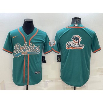 Men's Miami Dolphins Aqua Team Big Logo With Patch Cool Base Stitched Baseball Jersey Men's Miami Dolphins Aqua Team Big Logo With Patch Cool Base Stitched Baseball Jersey