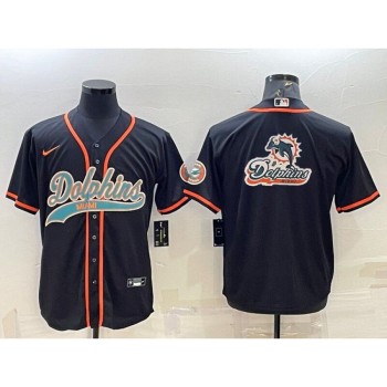 Men's Miami Dolphins Black Team Big Logo With Patch Cool Base Stitched Baseball Jersey Men's Miami Dolphins Black Team Big Logo With Patch Cool Base Stitched Baseball Jersey