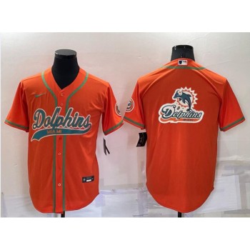 Men's Miami Dolphins Orange Team Big Logo With Patch Cool Base Stitched Baseball Jersey Men's Miami Dolphins Orange Team Big Logo With Patch Cool Base Stitched Baseball Jersey