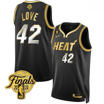 Men's Miami Heat #42 Kevin Love Black Gold Edition 2023 Finals Collection With NO.6 Patch Stitched Basketball Jersey Men's Miami Heat #42 Kevin Love Black Gold Edition 2023 Finals Collection With NO.6 Patch Stitched Basketball Jersey