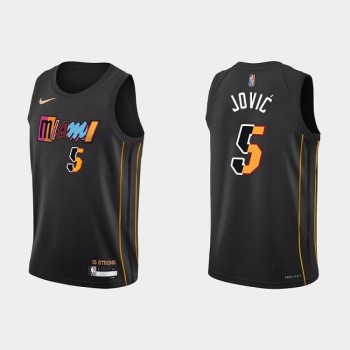 Men's Miami Heat #5 Nikola Jovic 2022 Black City Edition 75th Anniversary Stitched Basketball Jersey Men's Miami Heat #5 Nikola Jovic 2022 Black City Edition 75th Anniversary Stitched Basketball Jersey