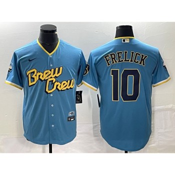 Men's Milwaukee Brewers #10 Sal Frelick 2022 Powder Blue City Connect Cool Base Stitched Jersey Men's Milwaukee Brewers #10 Sal Frelick 2022 Powder Blue City Connect Cool Base Stitched Jersey