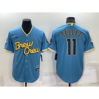 Men's Milwaukee Brewers #11 Rowdy Tellez 2022 Powder Blue City Connect Cool Base Stitched Jersey Men's Milwaukee Brewers #11 Rowdy Tellez 2022 Powder Blue City Connect Cool Base Stitched Jersey