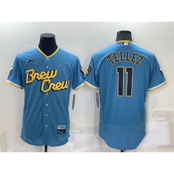Men's Milwaukee Brewers #11 Rowdy Tellez 2022 Powder Blue City Connect Flex Base Stitched Jersey Men's Milwaukee Brewers #11 Rowdy Tellez 2022 Powder Blue City Connect Flex Base Stitched Jersey