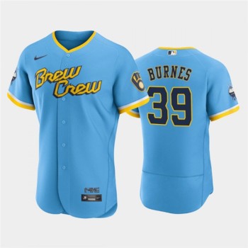 Men's Milwaukee Brewers #39 Corbin Burnes Powder Blue 2022 City Connect Flex Base Stitched MLB Jersey Men's Milwaukee Brewers #39 Corbin Burnes Powder Blue 2022 City Connect Flex Base Stitched MLB Jersey