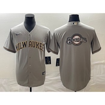 Men's Milwaukee Brewers Gray Team Big Logo Cool Base Stitched Jersey