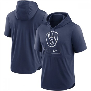 Men's Milwaukee Brewers Navy Short Sleeve Pullover Hoodie Men's Milwaukee Brewers Navy Short Sleeve Pullover Hoodie