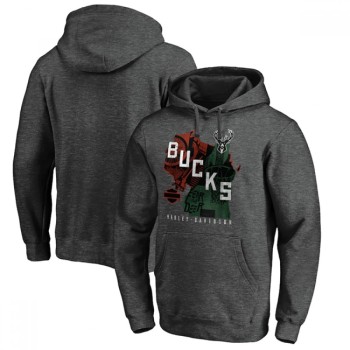Men's Milwaukee Bucks 2021 Heathered Charcoal Harley Davidson Bust Out Pullover Hoodie Men's Milwaukee Bucks 2021 Heathered Charcoal Harley Davidson Bust Out Pullover Hoodie