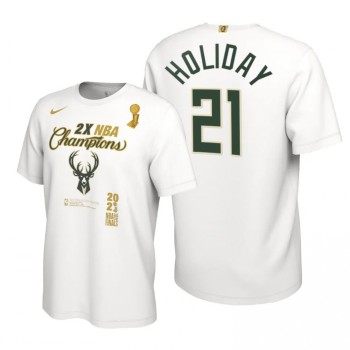 Men's Milwaukee Bucks #21 Jrue Holiday 2021 White Finals Champions Locker Room T-Shirt Men's Milwaukee Bucks #21 Jrue Holiday 2021 White Finals Champions Locker Room T-Shirt