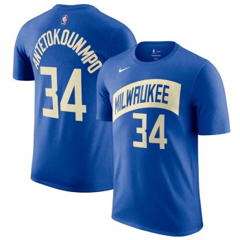 Men's Milwaukee Bucks #34 Giannis Antetokounmpo Blue 2023/24 City Edition Name & Number T-Shirt Men's Milwaukee Bucks #34 Giannis Antetokounmpo Blue 2023/24 City Edition Name & Number T-Shirt