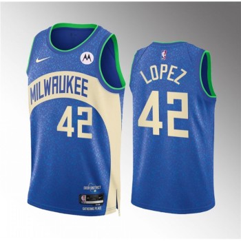 Men's Milwaukee Bucks #42 Robin Lopez 2023/24 Blue City Edition Stitched Basketball Jersey Men's Milwaukee Bucks #42 Robin Lopez 2023/24 Blue City Edition Stitched Basketball Jersey
