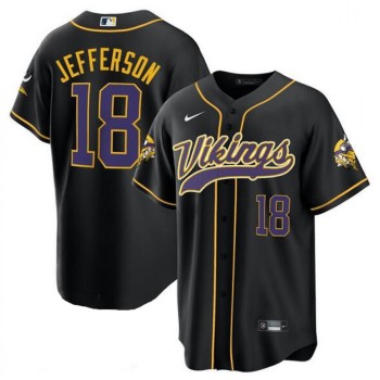 Men's Minnesota Vikings #18 Justin Jefferson Black Cool Base Stitched Baseball Jersey Men's Minnesota Vikings #18 Justin Jefferson Black Cool Base Stitched Baseball Jersey
