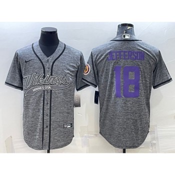 Men's Minnesota Vikings #18 Justin Jefferson Grey With Patch Cool Base Stitched Baseball Jersey Men's Minnesota Vikings #18 Justin Jefferson Grey With Patch Cool Base Stitched Baseball Jersey