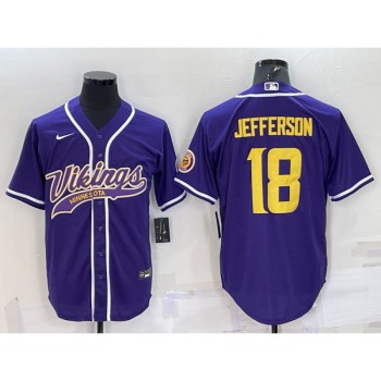 Men's Minnesota Vikings #18 Justin Jefferson Purple Gold With Patch Cool Base Stitched Baseball Jersey Men's Minnesota Vikings #18 Justin Jefferson Purple Gold With Patch Cool Base Stitched Baseball Jersey