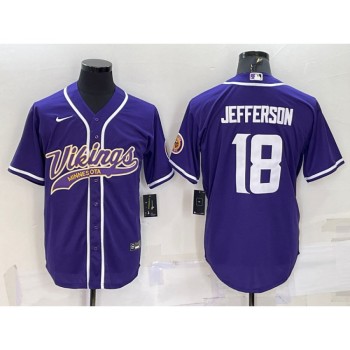 Men's Minnesota Vikings #18 Justin Jefferson Purple With Patch Cool Base Stitched Baseball Jersey Men's Minnesota Vikings #18 Justin Jefferson Purple With Patch Cool Base Stitched Baseball Jersey