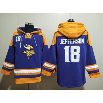 Men's Minnesota Vikings #18 Justin Jefferson Purple/Yellow Ageless Must-Have Lace-Up Pullover Hoodie Men's Minnesota Vikings #18 Justin Jefferson Purple/Yellow Ageless Must-Have Lace-Up Pullover Hoodie