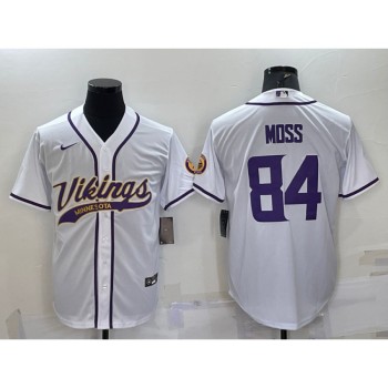 Men's Minnesota Vikings #84 Randy Moss White With Patch Cool Base Stitched Baseball Jersey Men's Minnesota Vikings #84 Randy Moss White With Patch Cool Base Stitched Baseball Jersey