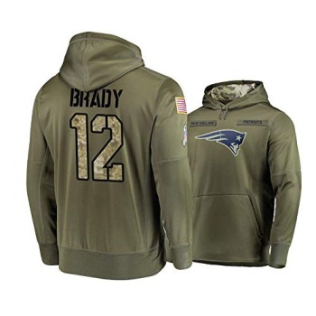 Men's New England Patriots #12 Tom Brady 2019 Olive Salute To Service Sideline Therma Performance Pullover Hoodie Men's New England Patriots #12 Tom Brady 2019 Olive Salute To Service Sideline Therma Performance Pullover Hoodie