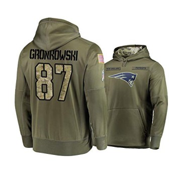 Men's New England Patriots #87 Rob Gronkowski 2019 Olive Salute To Service Sideline Therma Performance Pullover Hoodie Men's New England Patriots #87 Rob Gronkowski 2019 Olive Salute To Service Sideline Therma Performance Pullover Hoodie