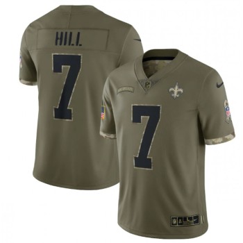 Men's New Orleans Saints #7 Taysom Hill Olive 2022 Salute To Service Limited Stitched Jersey