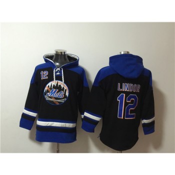 Men's New York Mets #12 Francisco Lindor Black/Blue Ageless Must-Have Lace-Up Pullover Hoodie Men's New York Mets #12 Francisco Lindor Black/Blue Ageless Must-Have Lace-Up Pullover Hoodie