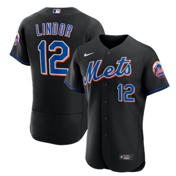 Men's New York Mets #12 Francisco Lindor Black Flex Base Stitched Jersey Men's New York Mets #12 Francisco Lindor Black Flex Base Stitched Jersey