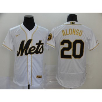 Men's New York Mets #20 Pete Alonso 2020 White Golden Flex Base Stitched MLB Jersey Men's New York Mets #20 Pete Alonso 2020 White Golden Flex Base Stitched MLB Jersey