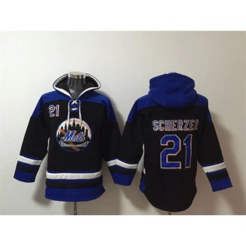 Men's New York Mets #21 Max Scherzer Black/Blue Ageless Must-Have Lace-Up Pullover Hoodie Men's New York Mets #21 Max Scherzer Black/Blue Ageless Must-Have Lace-Up Pullover Hoodie