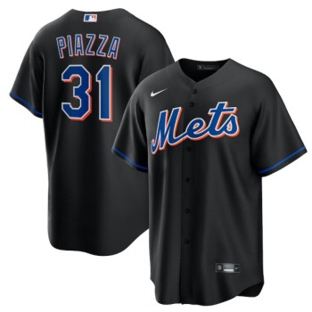 Men's New York Mets #31 Mike Piazza 2022 Black Cool Base Stitched Baseball Jersey Men's New York Mets #31 Mike Piazza 2022 Black Cool Base Stitched Baseball Jersey