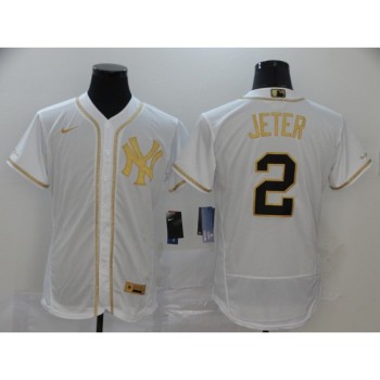 Men's New York Yankees #2 Derek Jeter White Golden Flex Base Stitched MLB Jersey Men's New York Yankees #2 Derek Jeter White Golden Flex Base Stitched MLB Jersey