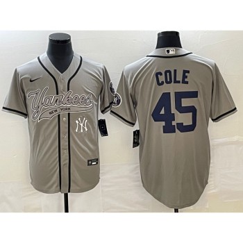 Men's New York Yankees #45 Gerrit Cole Gray With Patch Cool Base Stitched Baseball Jersey Men's New York Yankees #45 Gerrit Cole Gray With Patch Cool Base Stitched Baseball Jersey