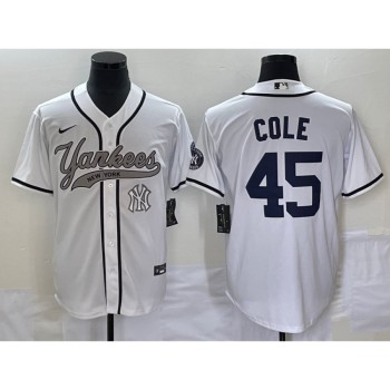 Men's New York Yankees #45 Gerrit Cole White With Patch Cool Base Stitched Baseball Jersey Men's New York Yankees #45 Gerrit Cole White With Patch Cool Base Stitched Baseball Jersey