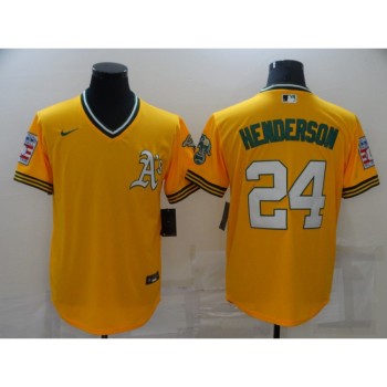 Men's Oakland Athletics #24 Rickey Henderson Gold Cool Base Stitched Jersey Men's Oakland Athletics #24 Rickey Henderson Gold Cool Base Stitched Jersey