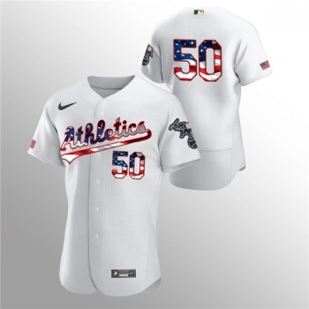 Men's Oakland Athletics #50 Mike Fiers White 2020 Stars & Stripes Flex Base Stitched Jersey Men's Oakland Athletics #50 Mike Fiers White 2020 Stars & Stripes Flex Base Stitched Jersey
