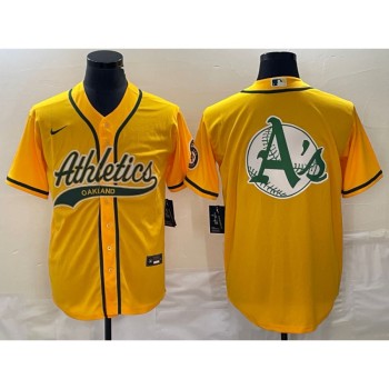 Men's Oakland Athletics Yellow Team Big Logo Cool Base Stitched Baseball Jersey 001 Men's Oakland Athletics Yellow Team Big Logo Cool Base Stitched Baseball Jersey 001