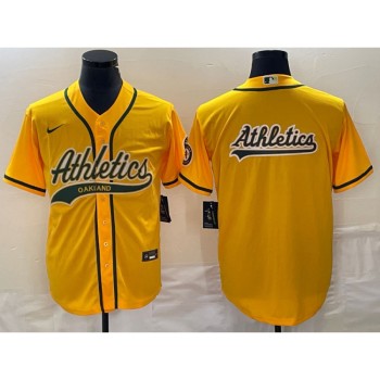 Men's Oakland Athletics Yellow Team Big Logo Cool Base Stitched Baseball Jersey 002 Men's Oakland Athletics Yellow Team Big Logo Cool Base Stitched Baseball Jersey 002