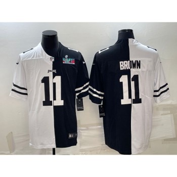 Men's Philadelphia Eagles #11 A.J. Brown Black & White Split Super Bowl LVII Patch Limited Stitched Jersey Men's Philadelphia Eagles #11 A.J. Brown Black & White Split Super Bowl LVII Patch Limited Stitched Jersey