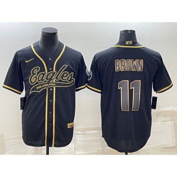 Men's Philadelphia Eagles #11 A. J. Brown Black Gold With Patch Cool Base Stitched Baseball Jersey Men's Philadelphia Eagles #11 A. J. Brown Black Gold With Patch Cool Base Stitched Baseball Jersey